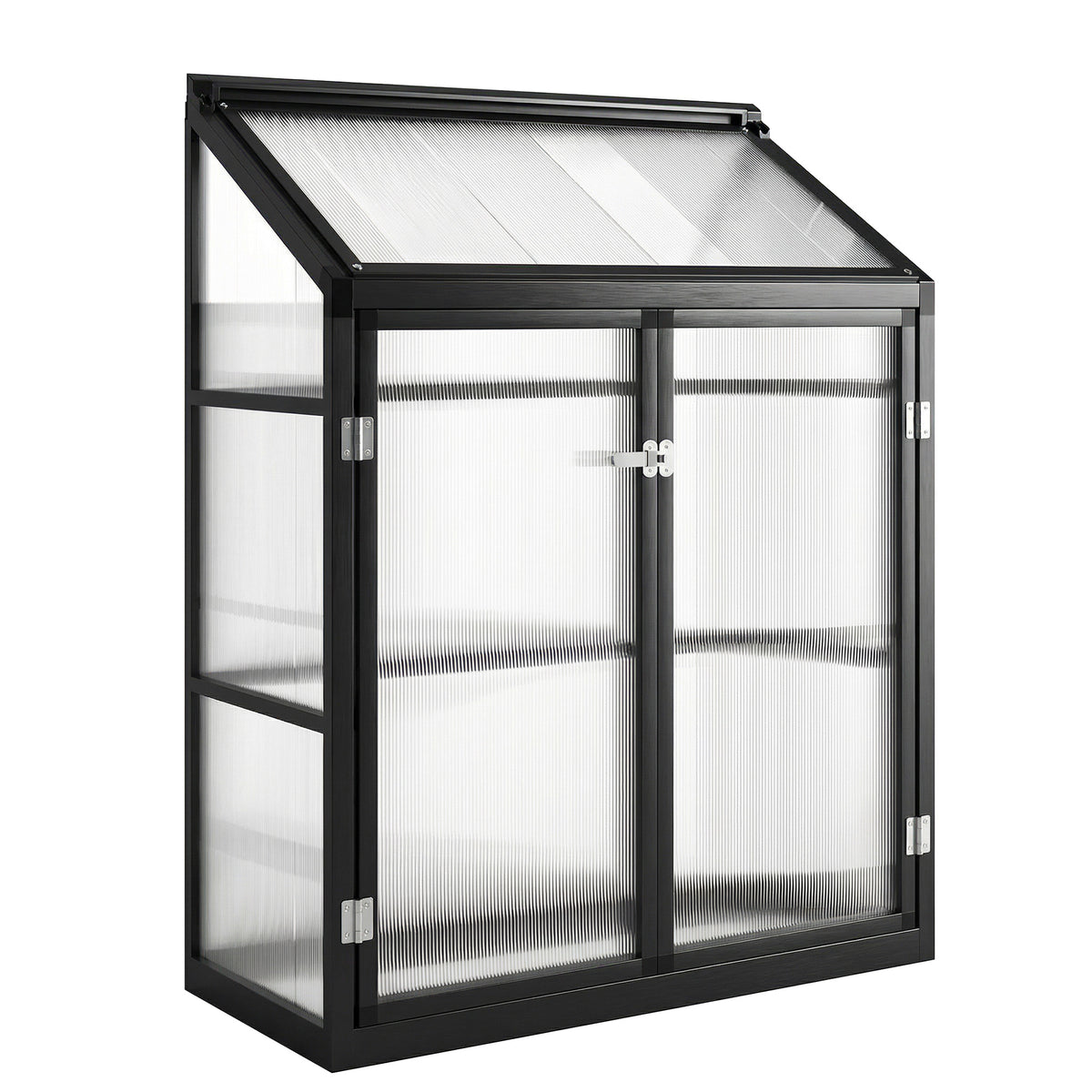 Photo of Outsunny 4 x 2ft Polycarbonate Greenhouse, Quick Setup, Lean-to Green House with 2 Hinged Doors, Top Vent, Black in Black colour on a white background