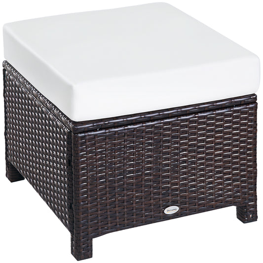 Photo of Outsunny Rattan Footstool Wicker Ottoman with Padded Seat Cushion Outdoor Patio Furniture for Garden Poolside Living Room, 50 x 50 x 35 cm, Brown in Brown colour on a white background