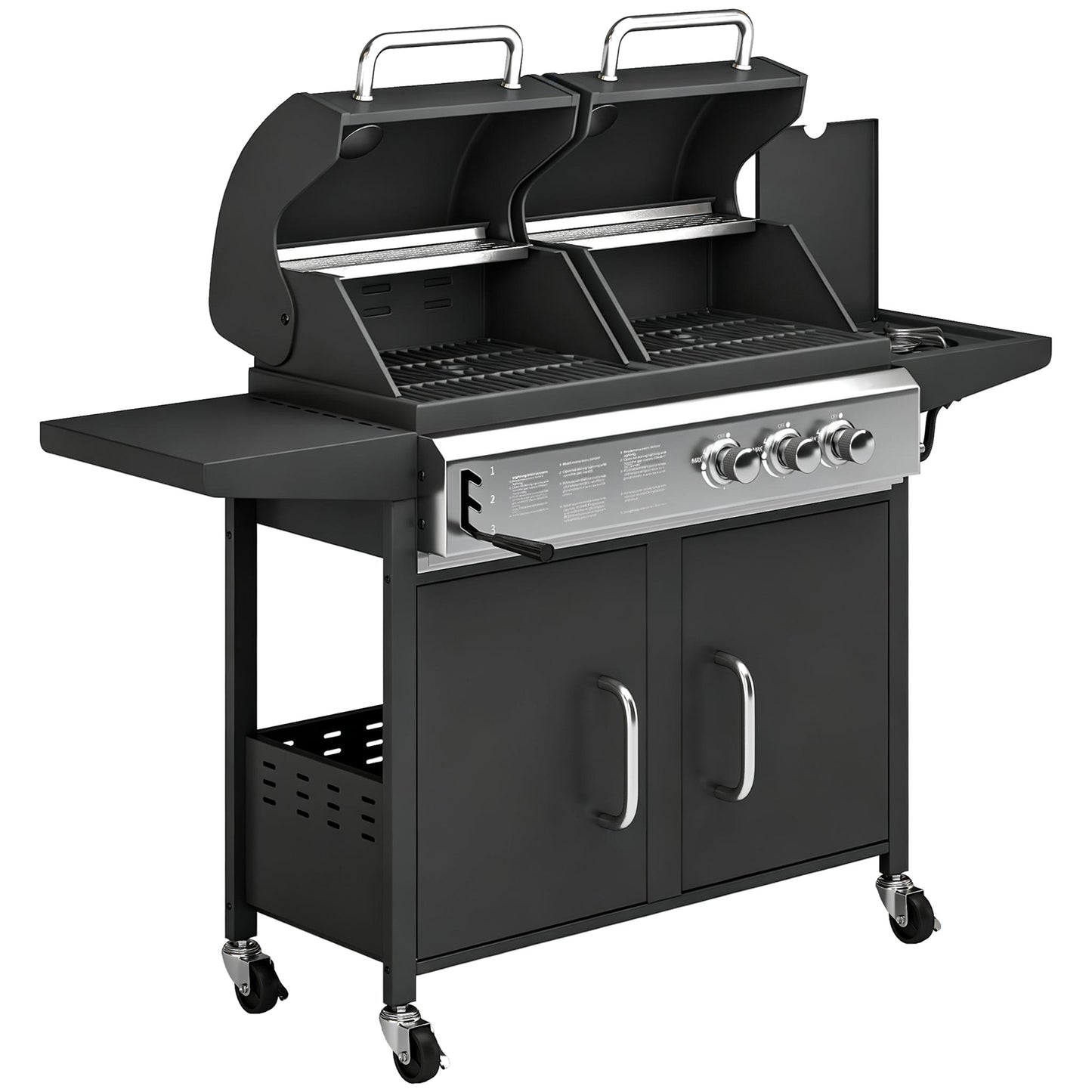 Photo of Outsunny 2+1 Burner Hybrid Dual Fuel BBQ Gas Grill, 2-in-1 Propane & Charcoal Barbecue Grill Smoker Combo with Wheels, Black in Black colour on a white background
