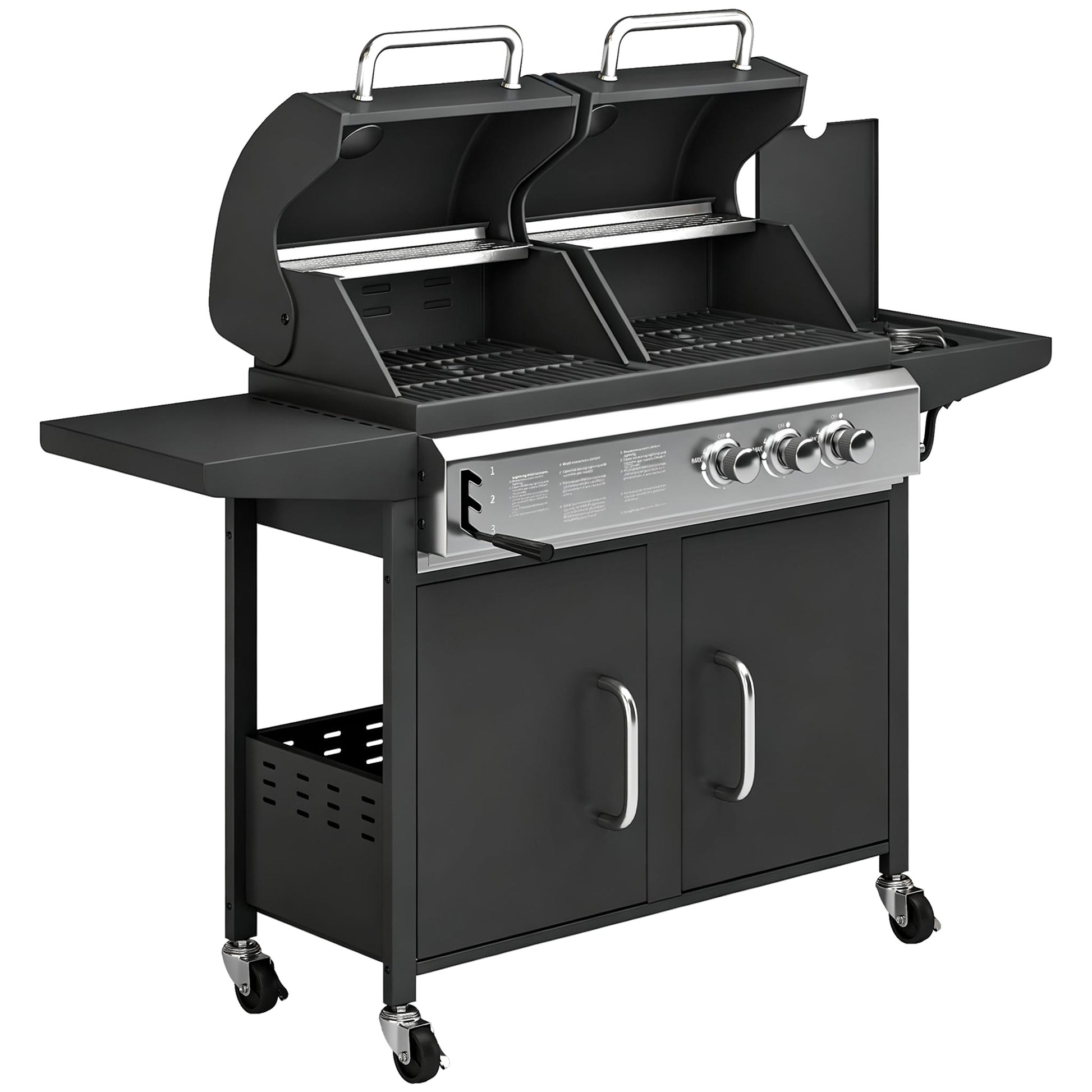 Photo of Outsunny 2+1 Burner Hybrid Dual Fuel BBQ Gas Grill, 2-in-1 Propane & Charcoal Barbecue Grill Smoker Combo with Wheels, Black in Black colour on a white background