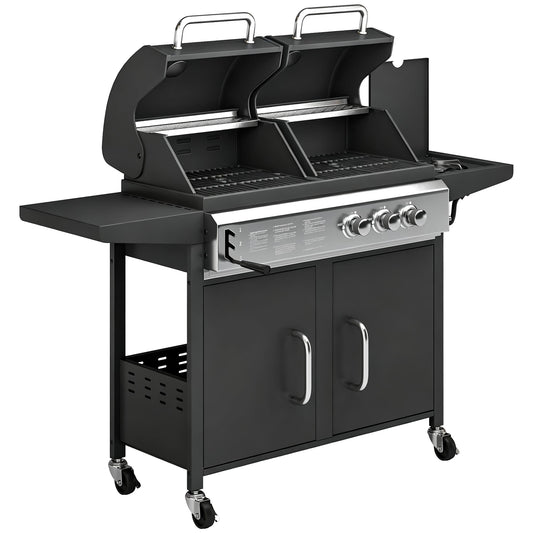 Photo of Outsunny 2+1 Burner Hybrid Dual Fuel BBQ Gas Grill, 2-in-1 Propane & Charcoal Barbecue Grill Smoker Combo with Wheels, Black in Black colour on a white background