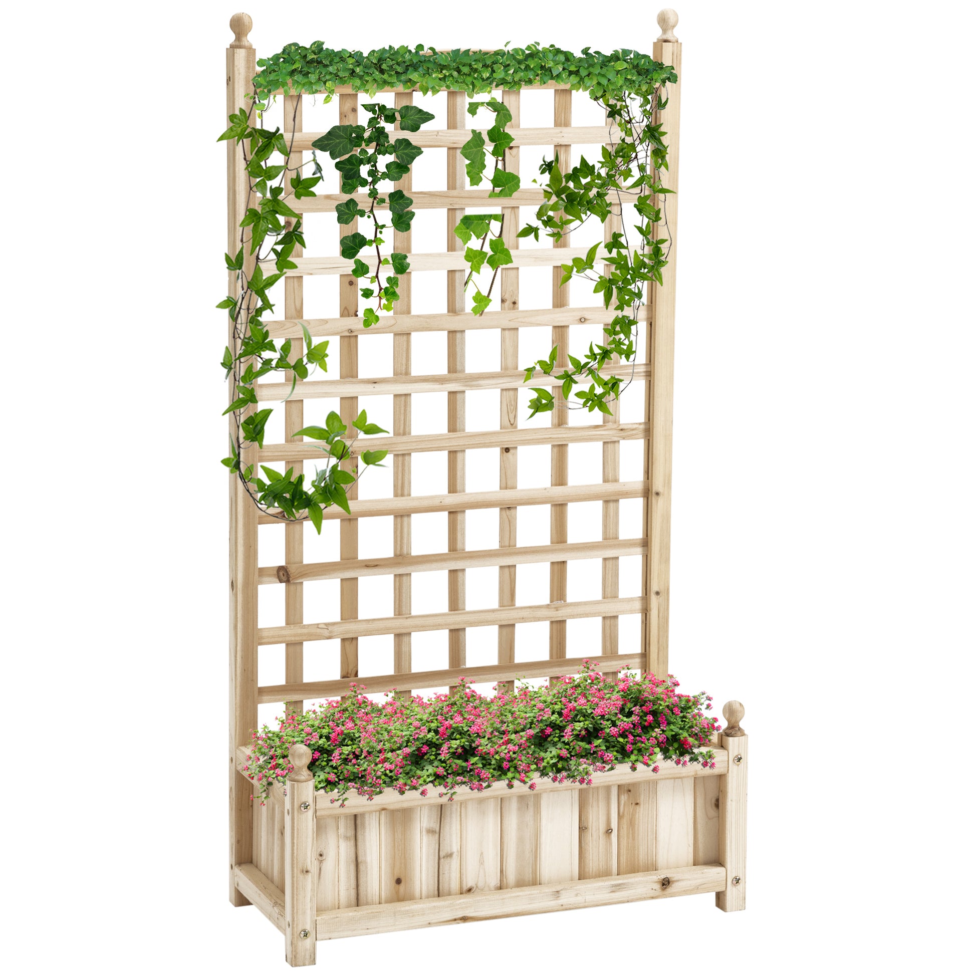 Photo of Outsunny Garden Planters with Trellis for Climbing Vines, Wood Raised Beds for Garden, Flower Pot, Indoor Outdoor, Natural in Natural colour on a white background