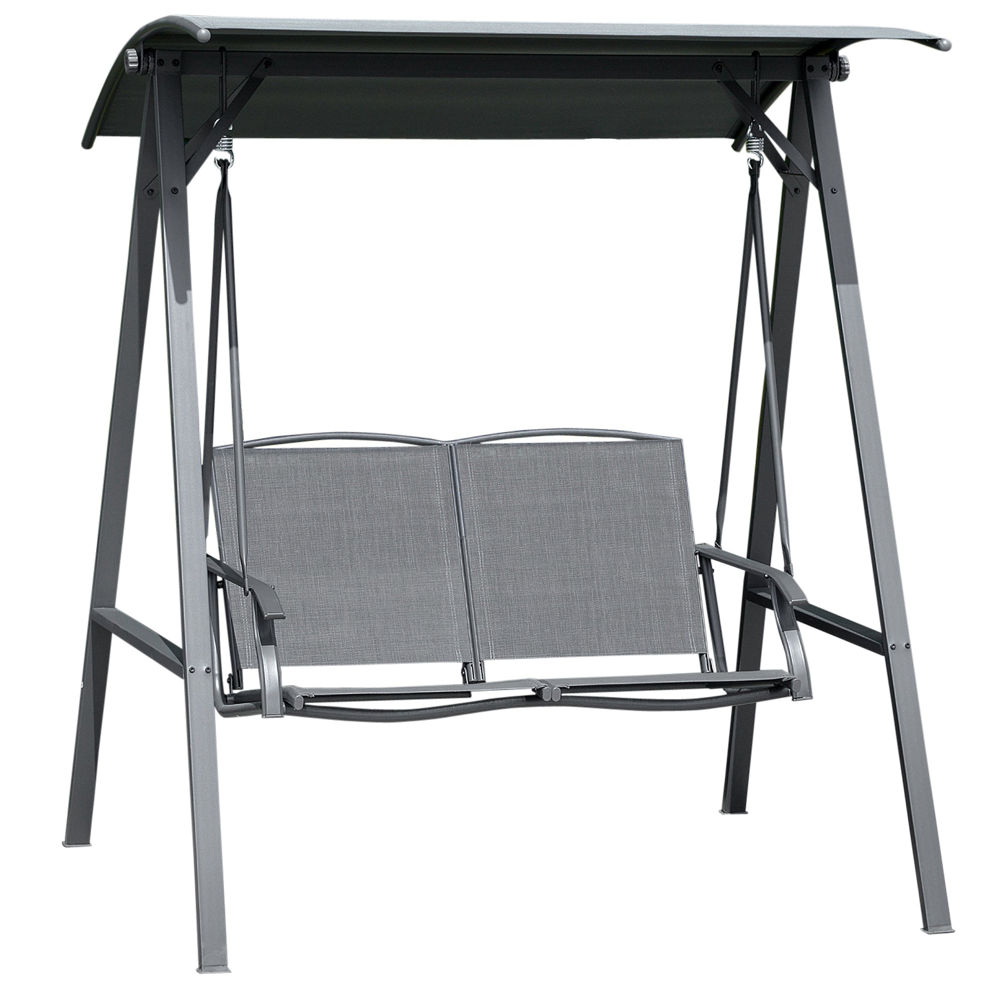 Photo of Outsunny 2 Seater Garden Swing Seat Swing Chair, Outdoor Canopy Swing Bench with Adjustable Shade, Metal Frame and Texteline Seat, Dark Grey in Grey colour on a white background