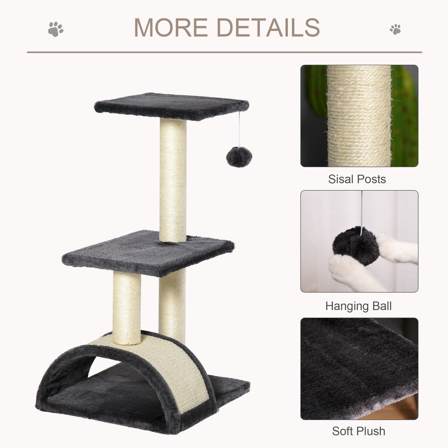 PawHut 72cm Cat Tree with Scratching Post, Pad for Indoor Cats - Smoky Grey