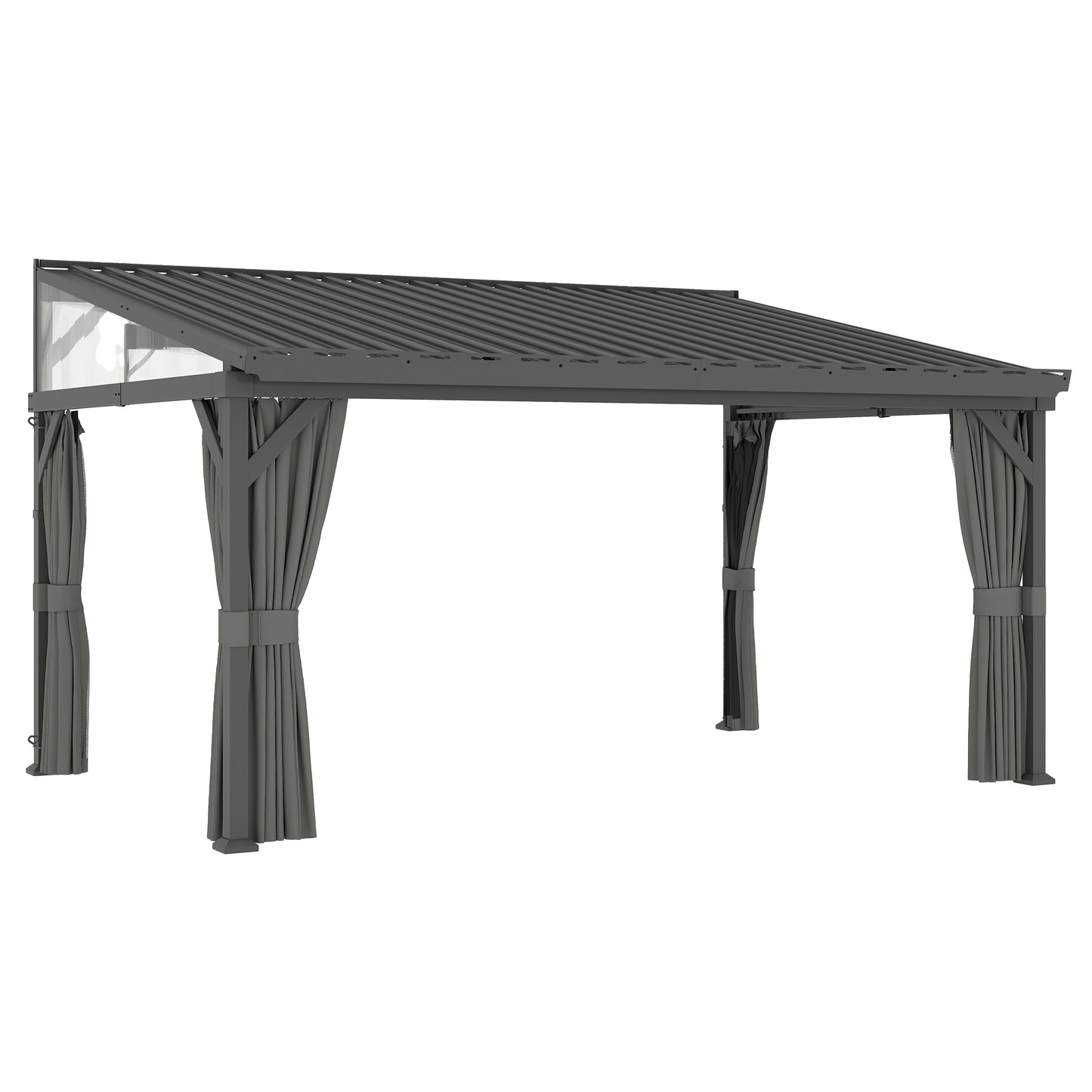 Photo of Outsunny 4.3 x 3 m Garden Pergola with Galvanised Steel Roof, Lean to Pergola Gazebo with Netting Curtains, Dark Grey in Grey colour on a white background