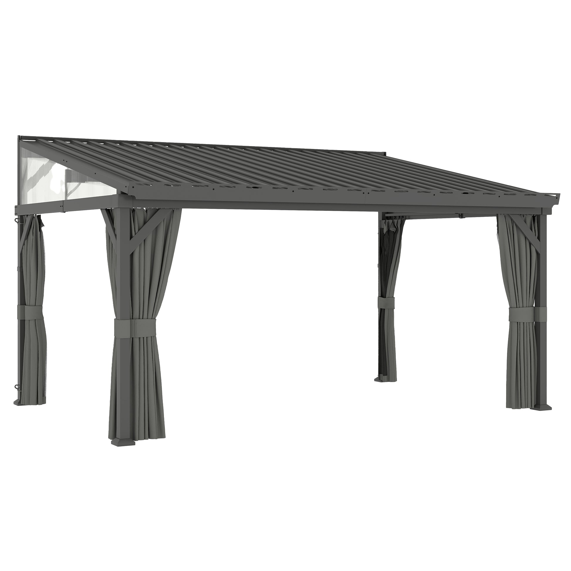 Photo of Outsunny 4.3 x 3 m Garden Pergola with Galvanised Steel Roof, Lean to Pergola Gazebo with Netting Curtains, Dark Grey in Grey colour on a white background