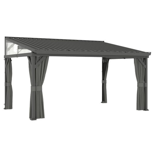 Photo of Outsunny 4.3 x 3 m Garden Pergola with Galvanised Steel Roof, Lean to Pergola Gazebo with Netting Curtains, Dark Grey in Grey colour on a white background