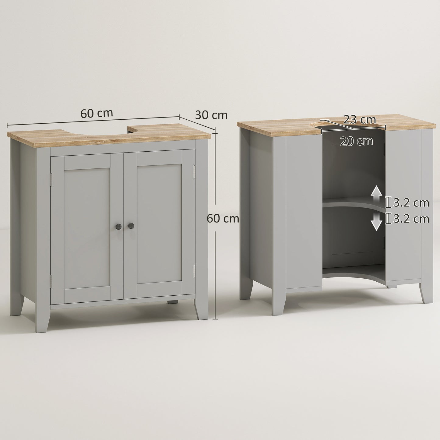 kleankin Under Sink Cabinet, Bathroom Sink Cabinet with 2 Doors, Pedestal Under Sink Design, Freestanding Bathroom Cupboard with Adjustable Shelf, Grey