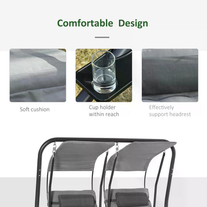 Outsunny double swing chair with close-ups of cushioned fabric, cup holder, and headrest