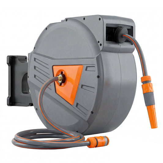 Photo of Outsunny Retractable Hose Reel Wall Mounted, 40+2m Garden Hose Pipe Reel with Auto Retraction, Self-Locking, Orange in Orange colour on a white background