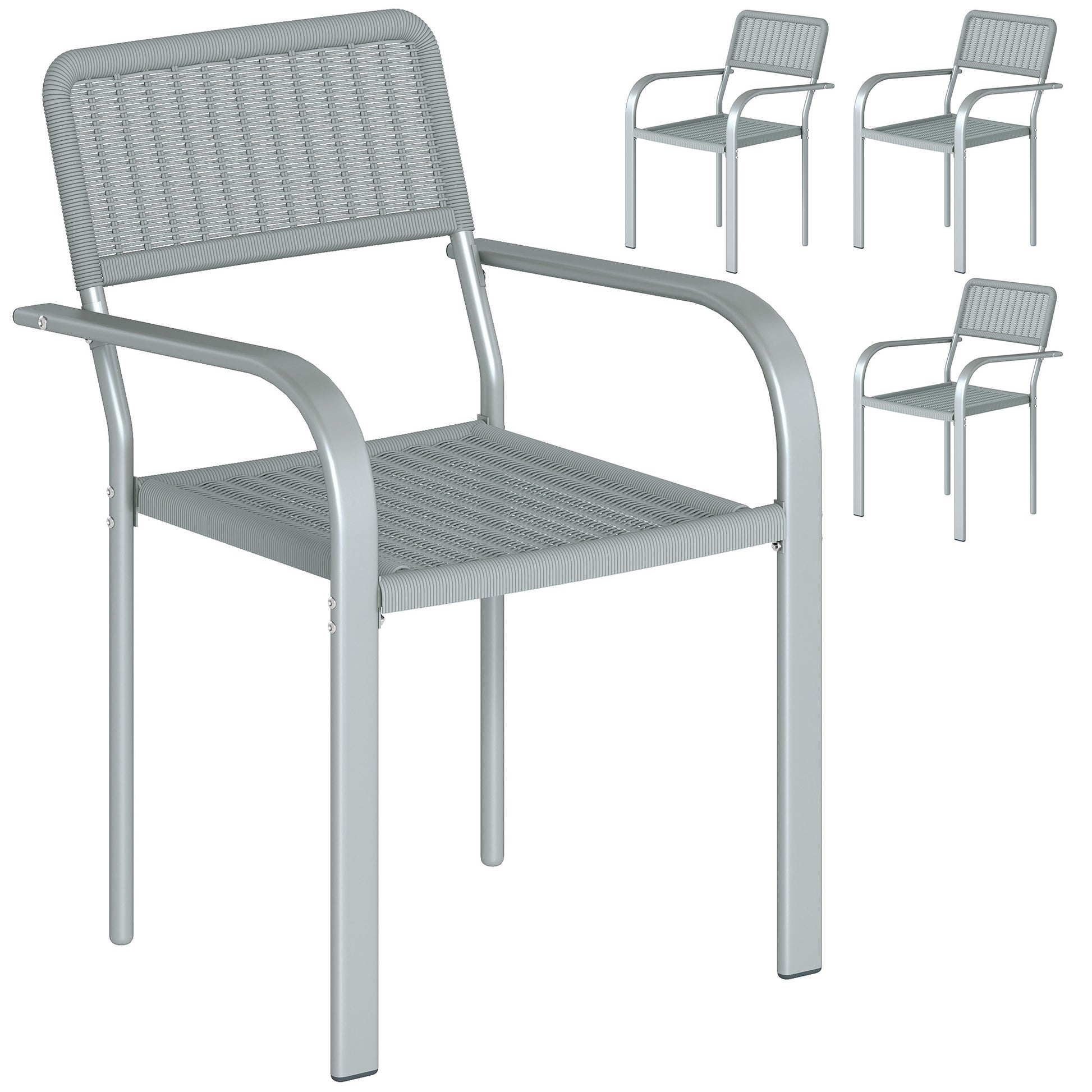 Photo of Outsunny Stackable Garden Chairs Set of 4, Rattan Effect Outdoor Dining Chairs, Light Grey in Grey colour on a white background