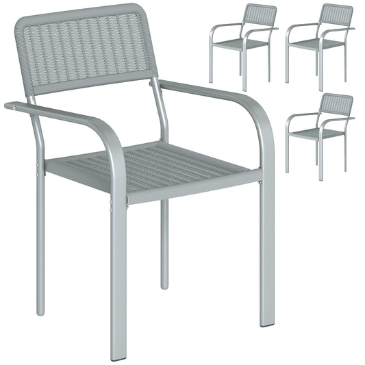 Photo of Outsunny Stackable Garden Chairs Set of 4, Rattan Effect Outdoor Dining Chairs, Light Grey in Grey colour on a white background