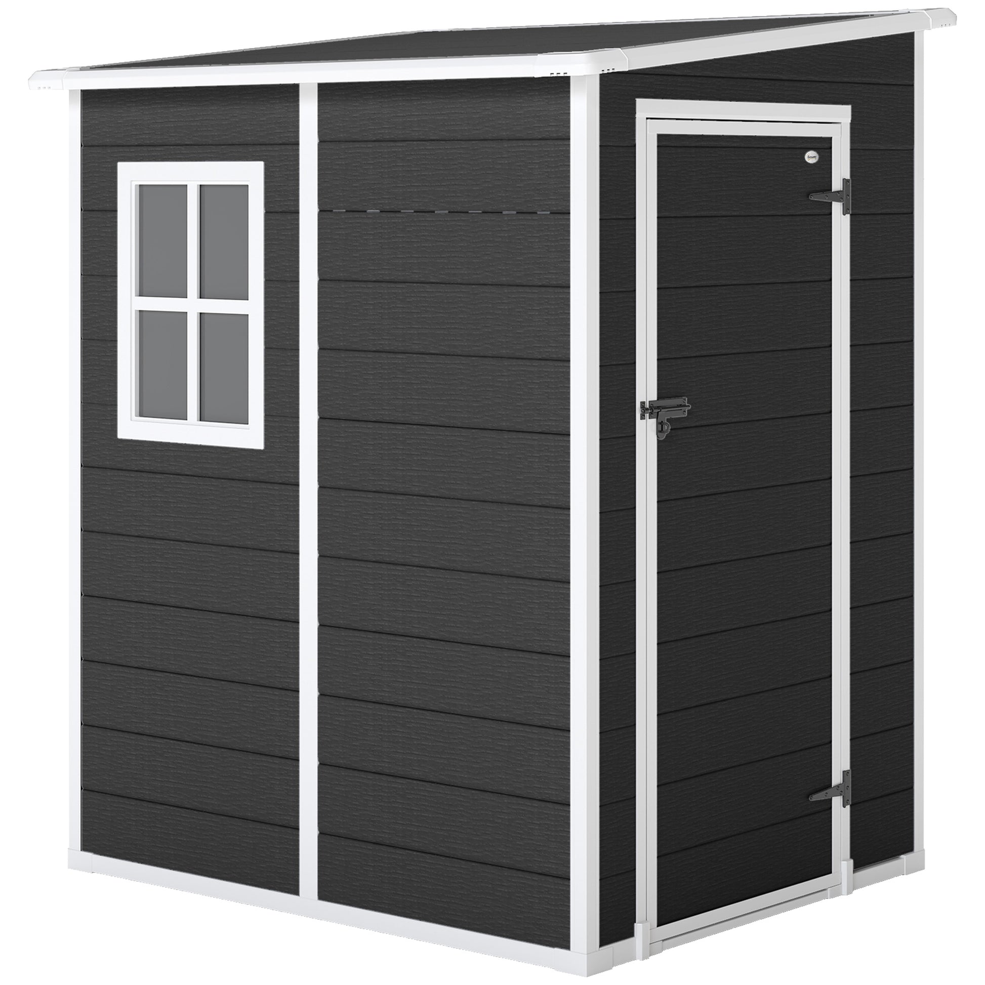 Photo of Outsunny 4'x5' Garden Storage Shed, Lean to Shed, Lockable Garden Shed with Window, Vent and Plastic Roof, Black in Black colour on a white background