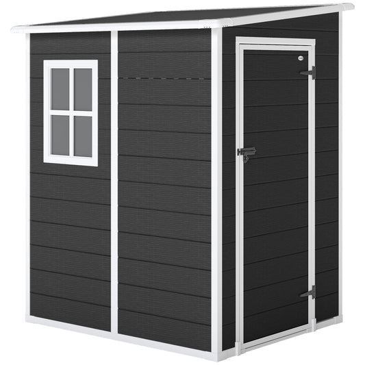 Photo of Outsunny 4 x 5FT Garden Storage Shed, Lean to Shed, Lockable Garden Shed with Window, Vent and Plastic Roof, Black in Black colour on a white background