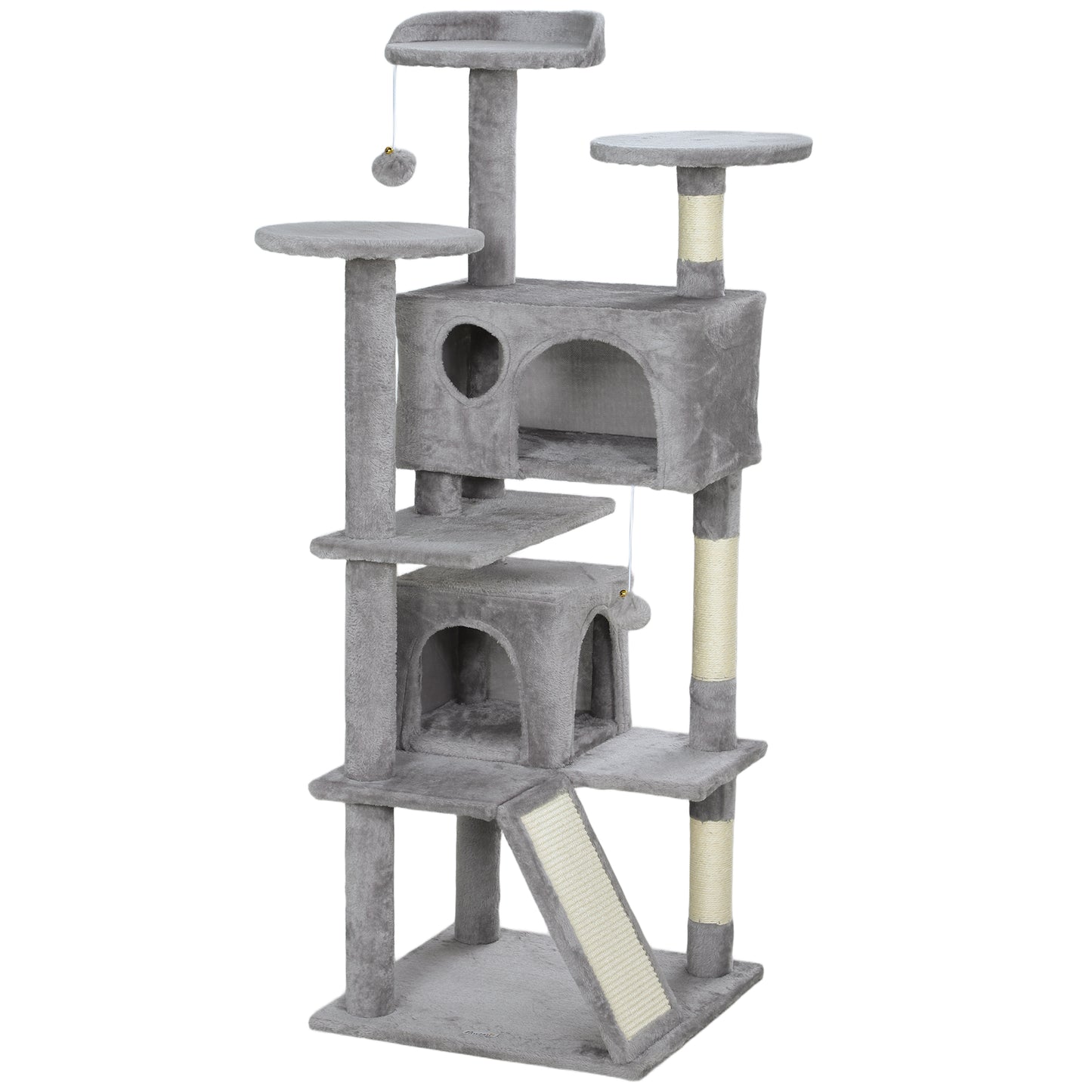 Photo of PawHut 138cm Cat Tree, Multi-Level Cat Tower with Scratching Posts and Pad, Bed, Condos, Platforms, Toy Balls, Light Grey in Grey colour on a white background