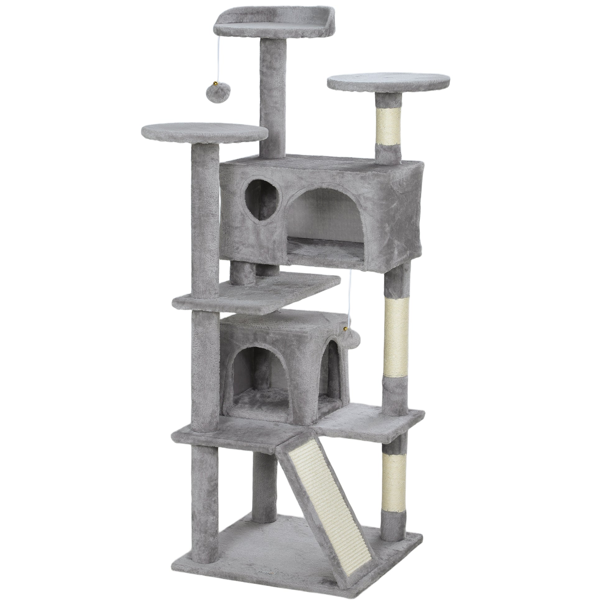Photo of PawHut 138cm Cat Tree, Multi-Level Cat Tower with Scratching Posts and Pad, Bed, Condos, Platforms, Toy Balls, Light Grey in Grey colour on a white background