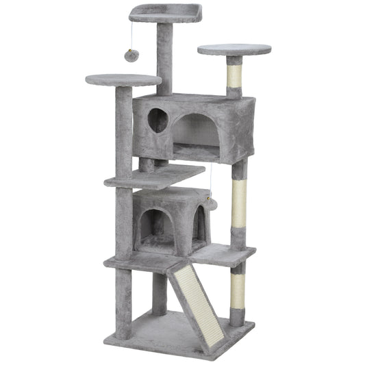 Photo of PawHut 138cm Cat Tree, Multi-Level Cat Tower with Scratching Posts and Pad, Bed, Condos, Platforms, Toy Balls, Light Grey in Grey colour on a white background