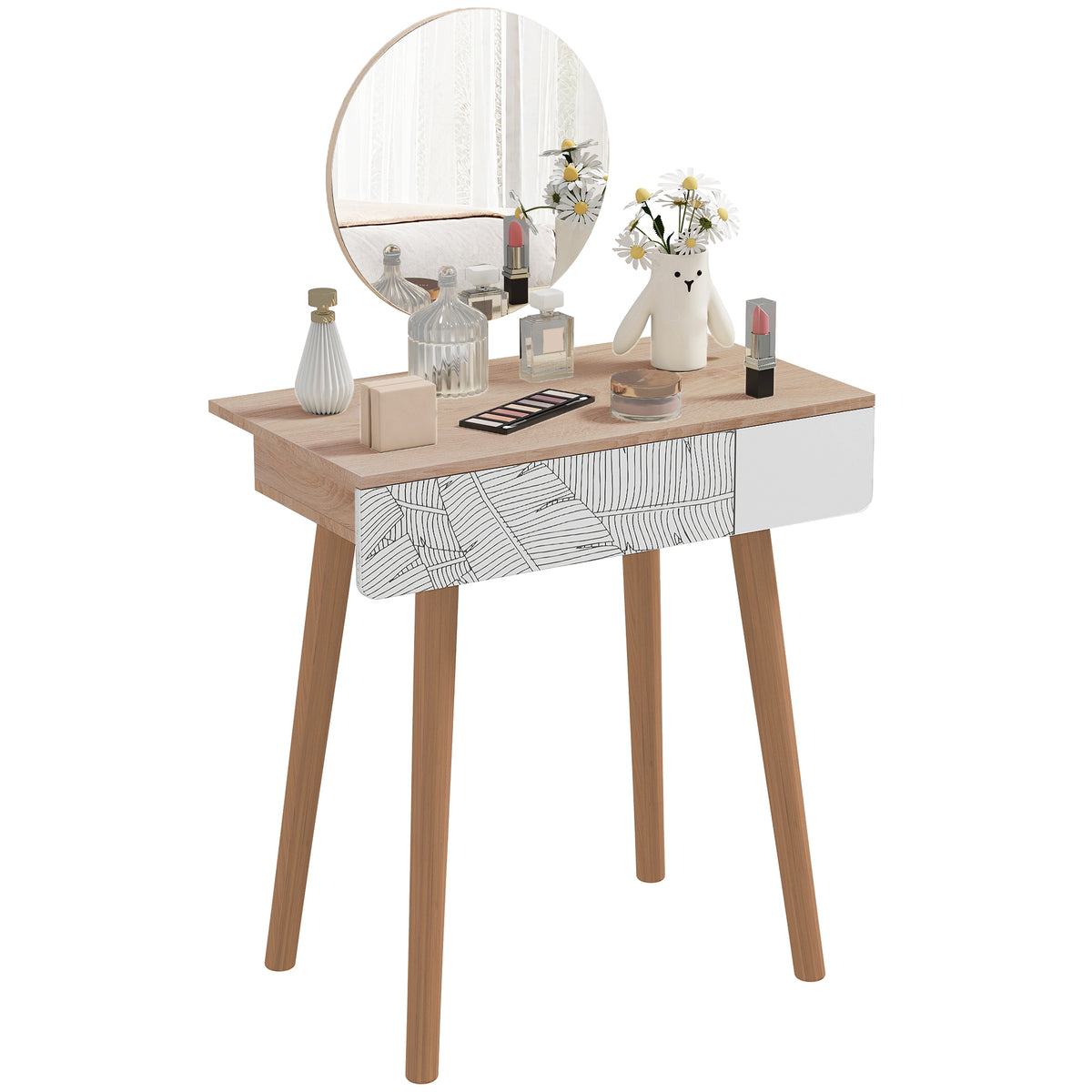 Oak-finish dressing table with round mirror, patterned drawer, and tapered legs.