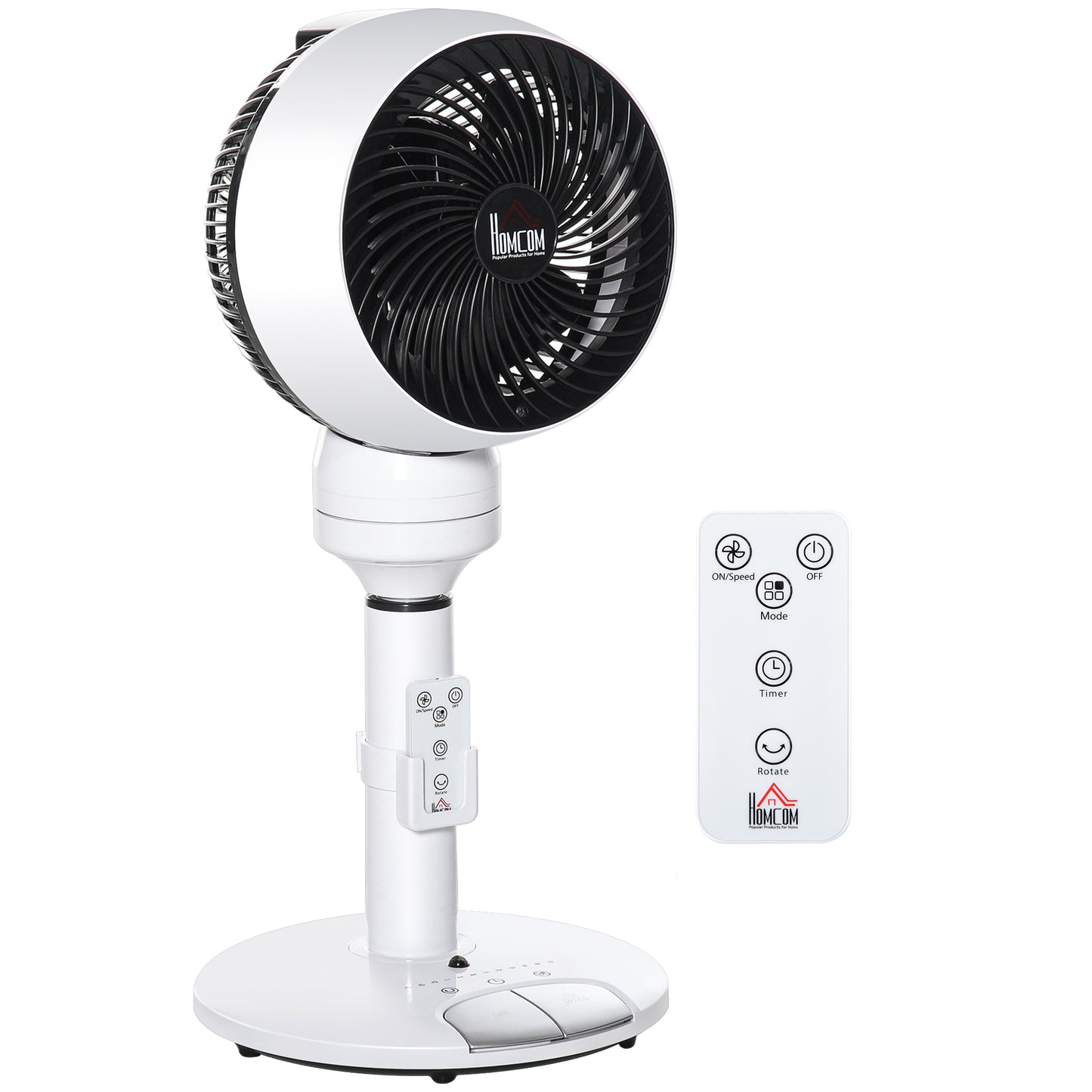 Photo of HOMCOM 9'' Air Circulator Fan 3 Speed 3 Mode, 70° Oscillation 90° Vertical Tilt, Height Adjustable, Remote Controller, for Living Room, Bedroom, Office, Black and White in White colour on a white background