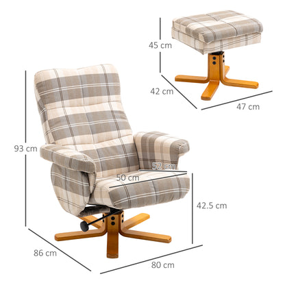 HOMCOM plaid recliner and footstool with wooden bases, shown with dimensions