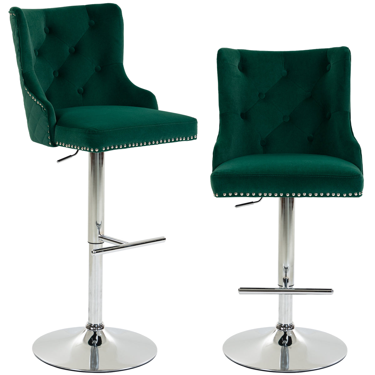 Photo of HOMCOM Bar Stools Set of 2, Modern Swivel & Adjustable Velvet Barstools with Button-Tufted Back, Footrest for Home Bar, Green in Green colour on a white background