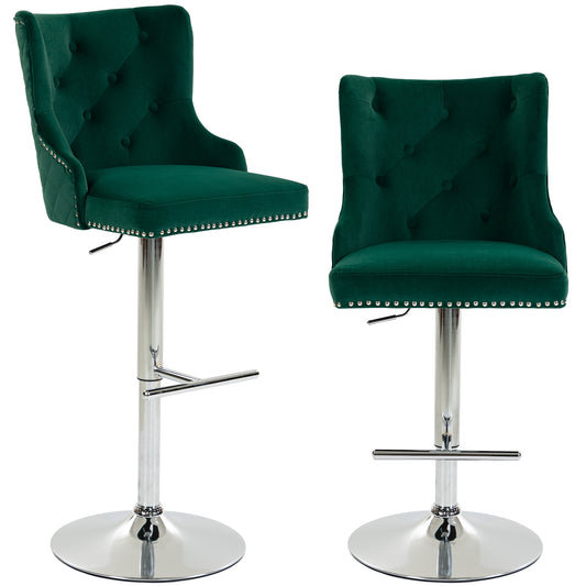 Photo of HOMCOM Bar Stools Set of 2, Modern Swivel & Adjustable Velvet Barstools with Button-Tufted Back, Footrest for Home Bar, Green in Green colour on a white background