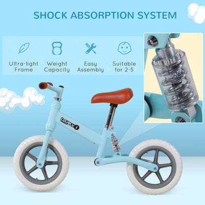 Blue balance bike in side view with white tires and a close-up of its rear shock absorber.