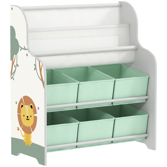 Photo of AIYAPLAY Kids Storage Unit, Toy Organiser with 6 Fabric Drawers and 2-Tier Sling Book Rack for Bedroom, Playroom, Nursery, Green in Green colour on a white background