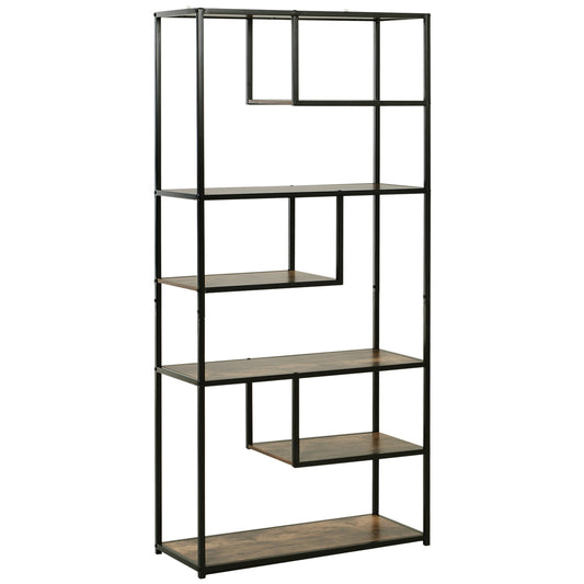 Photo of HOMCOM 6 Tier Bookcase, Industrial Tall Shelf Unit with Steel Frame for Home Office, Study, Living Room, Hallway, 82 x 33.5 x 175 cm, Rustic Brown and Black in Black colour on a white background
