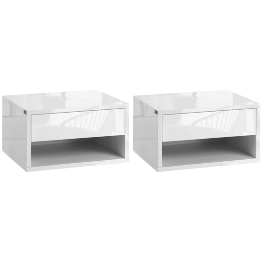 Pair of high-gloss white floating bedside tables with drawers and open shelves