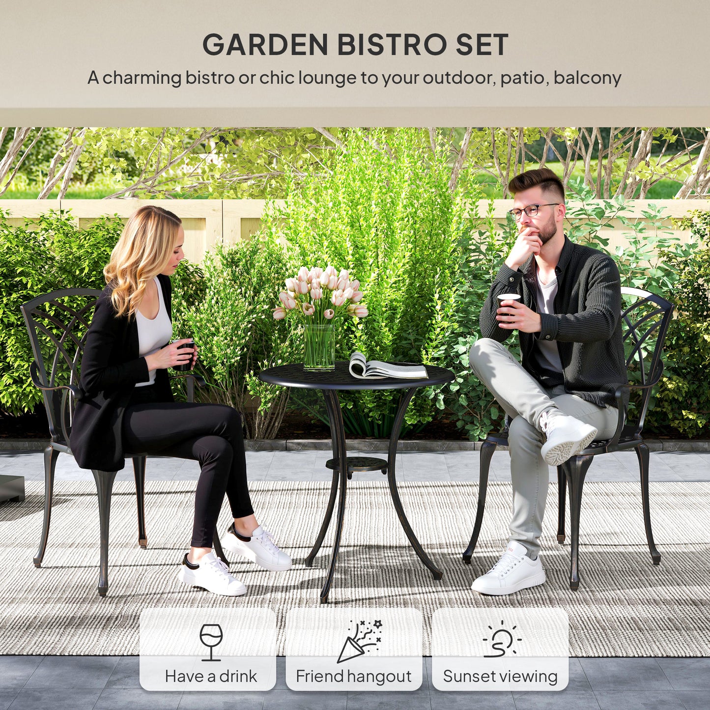 Outsunny 3 Pieces Garden Dining Set for 2, Cast Aluminium Outdoor Dining Set with 2 Armchairs and Round Dining Table with Parasol Hole, Garden Furniture Bistro Set, Bronze Tone