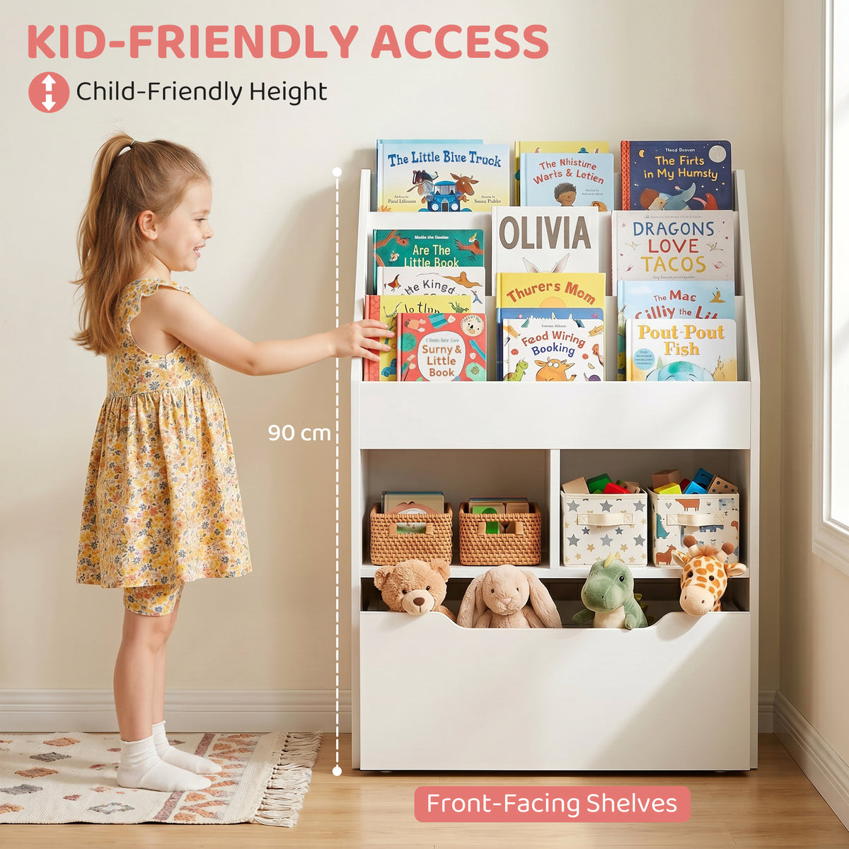 White kids' bookshelf with front-facing book shelves, open storage cubbies, and a large drawer.