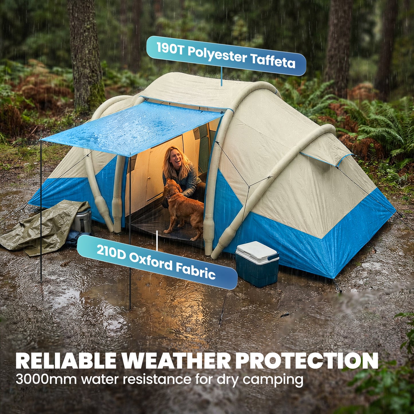 Outsunny Inflatable Tent 2 Bedroom Tunnel Design Windproof Air Tent with Carry Bag for 4 Person