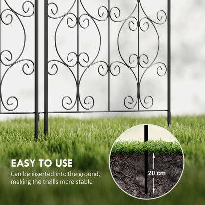 Metal trellis legs inserted into soil, with a close-up showing 20 cm ground depth