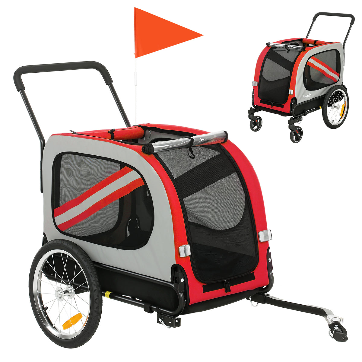 Photo of PawHut 2-In-1 Dog Bike Trailer Pet Stroller with Universal Wheel Reflector Flag Red in Red colour on a white background