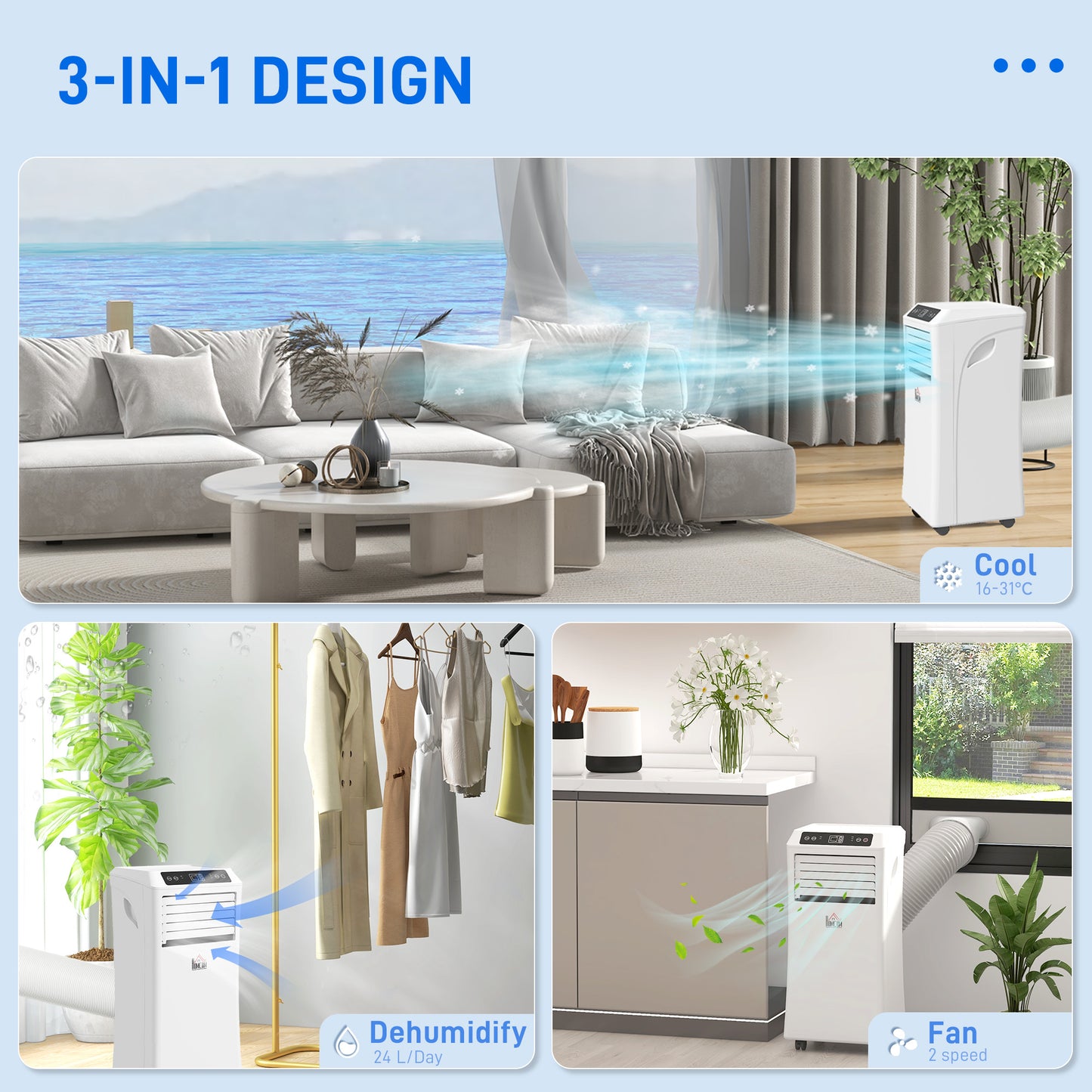HOMCOM 9000 BTU Air Conditioning Unit, 3-in-1 Portable Air Conditioner, Dehumidifier, Cooling Fan with Remote Control, Digital Display, 2 Speeds, 24H Timer, Window Venting Kit, 28m²