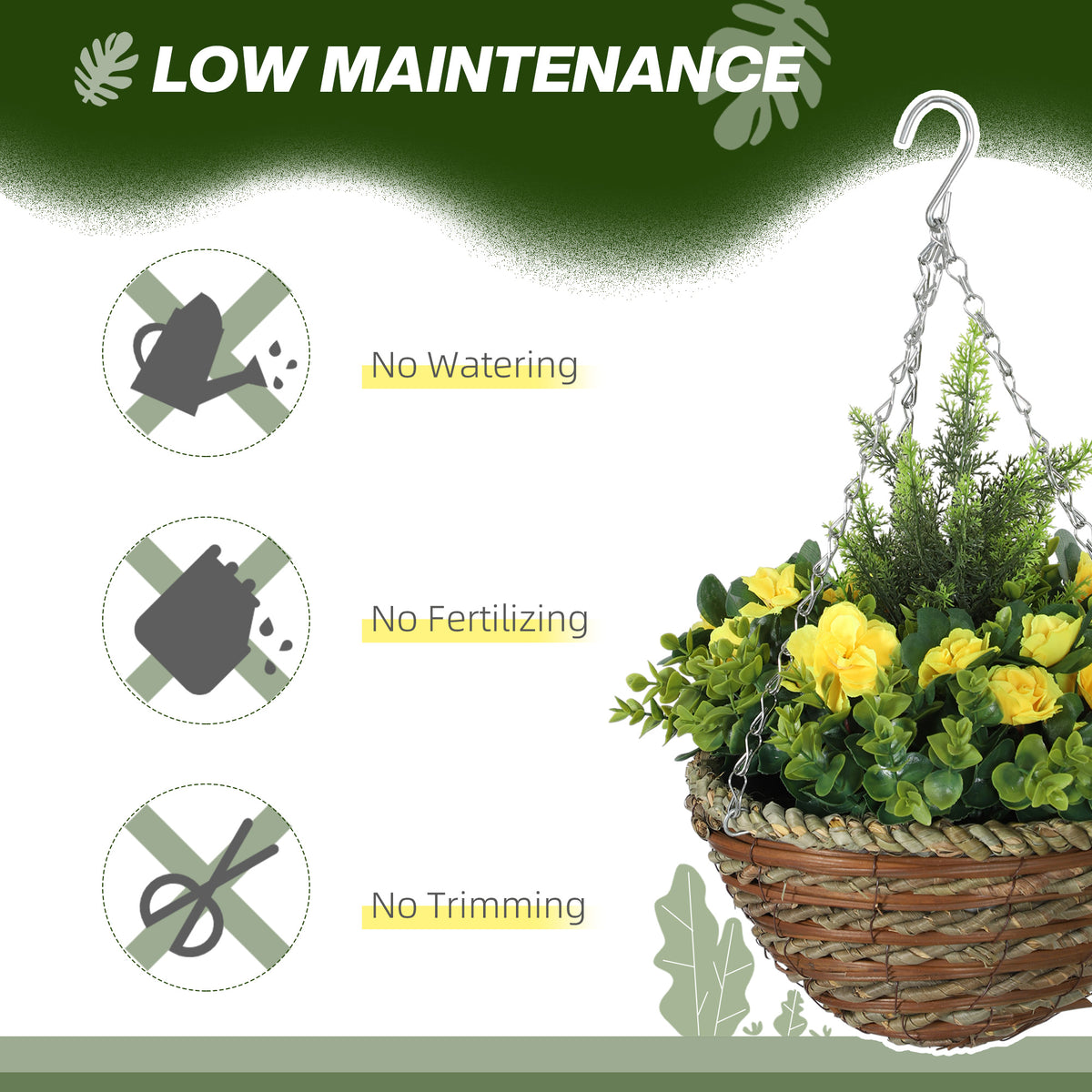 Hanging flower basket with yellow flowers, green foliage, chain, and woven pot