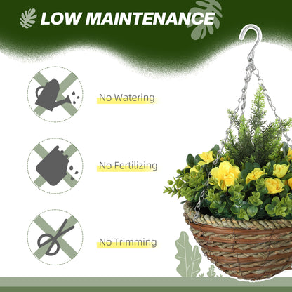 Hanging flower basket with yellow flowers, green foliage, chain, and woven pot