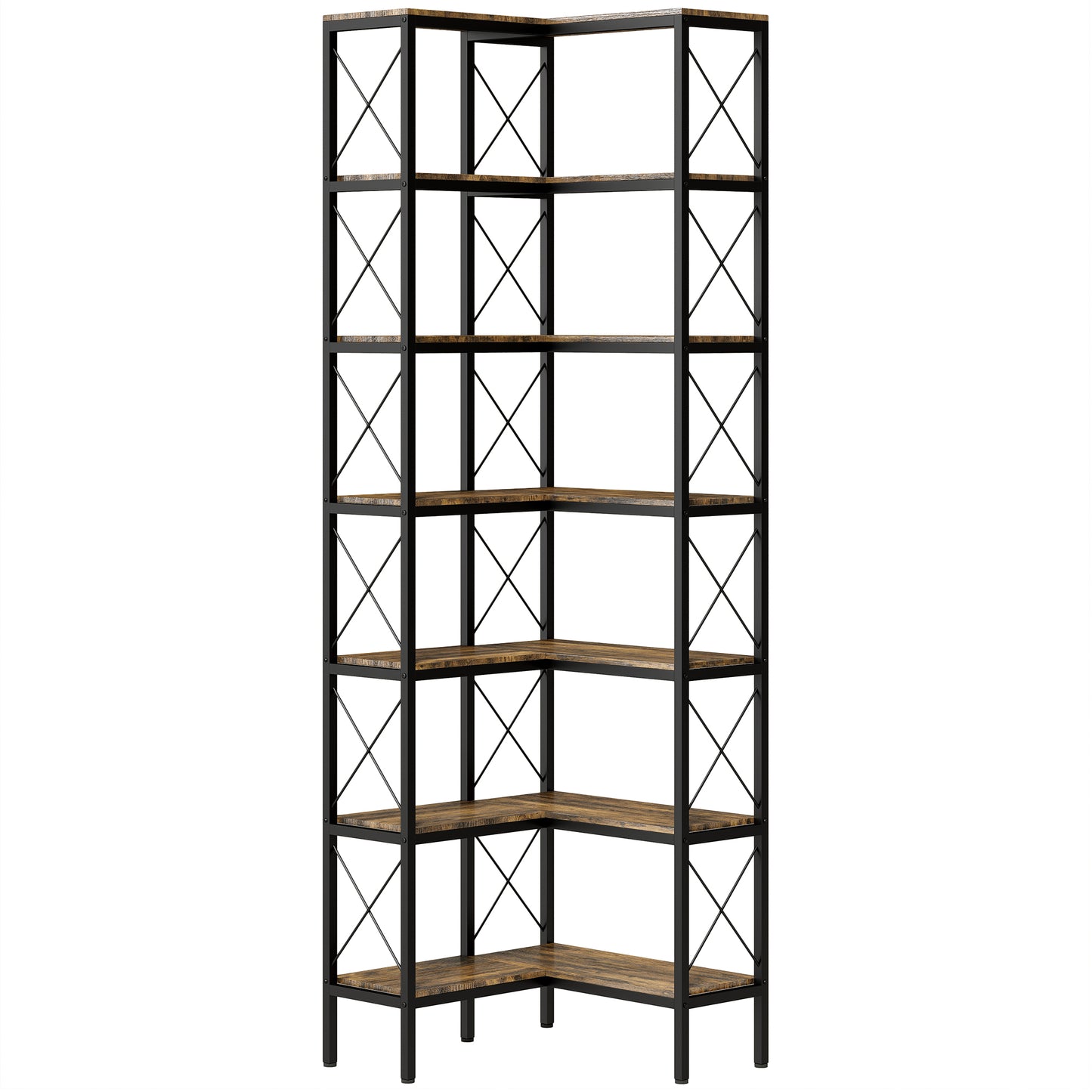 Photo of HOMCOM 6-Tier L-Shaped Bookshelf, Freestanding Corner Bookcase with Metal Frame, Rustic Brown in Brown colour on a white background