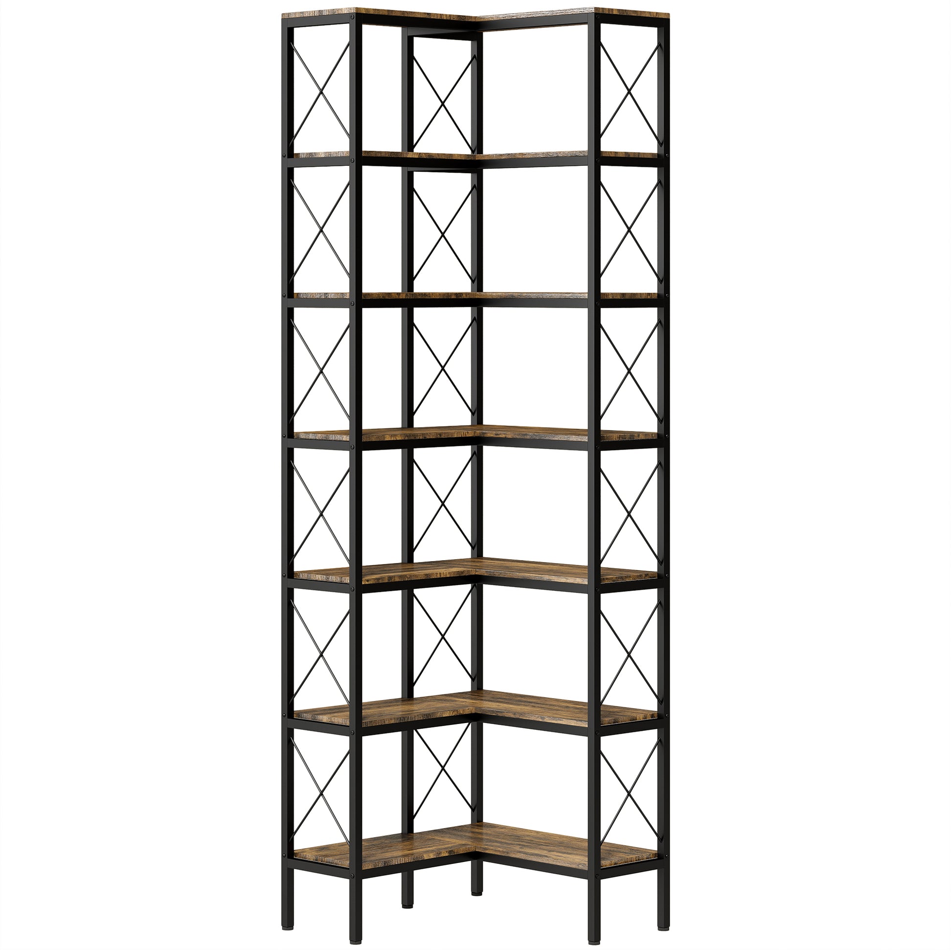 Photo of HOMCOM 6-Tier L-Shaped Bookshelf, Freestanding Corner Bookcase with Metal Frame, Rustic Brown in Brown colour on a white background