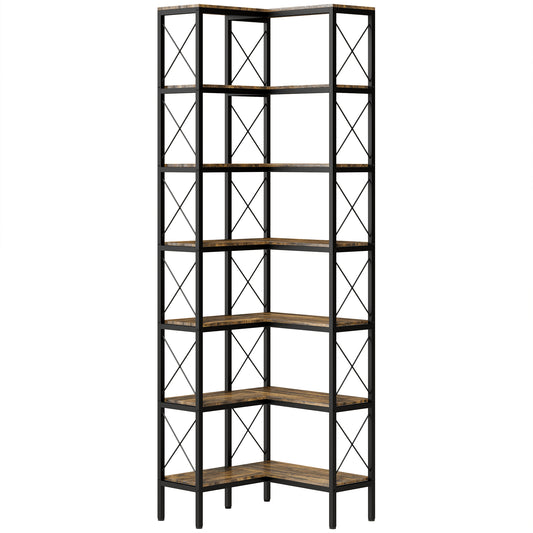 Photo of HOMCOM 6-Tier L-Shaped Bookshelf, Freestanding Corner Bookcase with Metal Frame, Rustic Brown in Brown colour on a white background