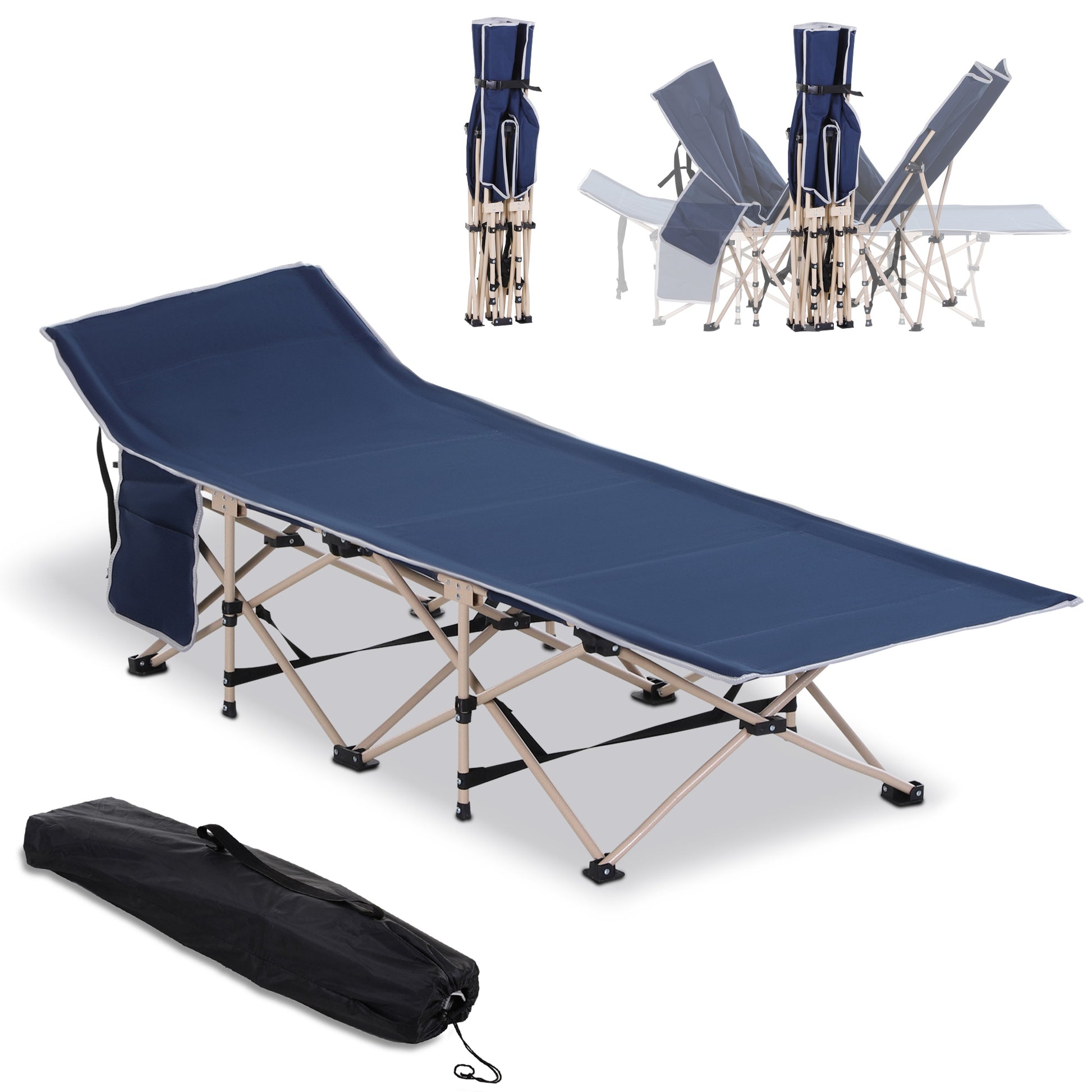 Photo of Outsunny Single Person Camping Bed Folding Cot Outdoor Patio Portable Military Sleeping Bed Travel Guest Leisure Fishing with Side Pocket and Carry Bag - Blue in Blue colour on a white background