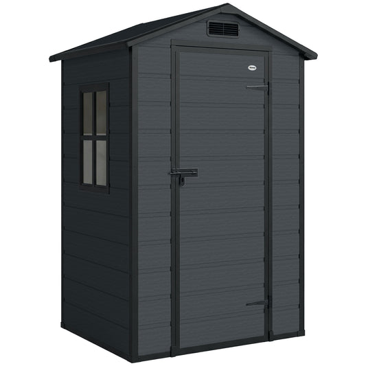 Photo of Outsunny 4 x 3 ft Plastic Garden Shed with Floor, Outdoor Storage Shed with Lockable Door, Window and Vent, Dark Grey in Grey colour on a white background