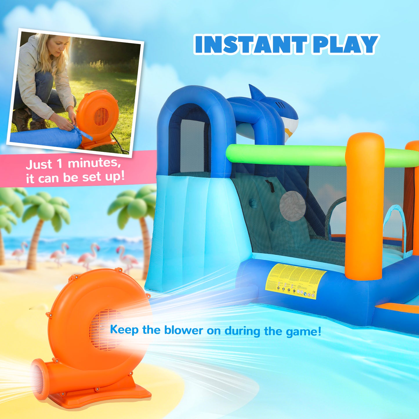 AIYAPLAY Inflatable Bouncy Castle for Kids, Sharks Theme Jumping Bounce House with Slide, Climbing Wall for Indoor Outdoor