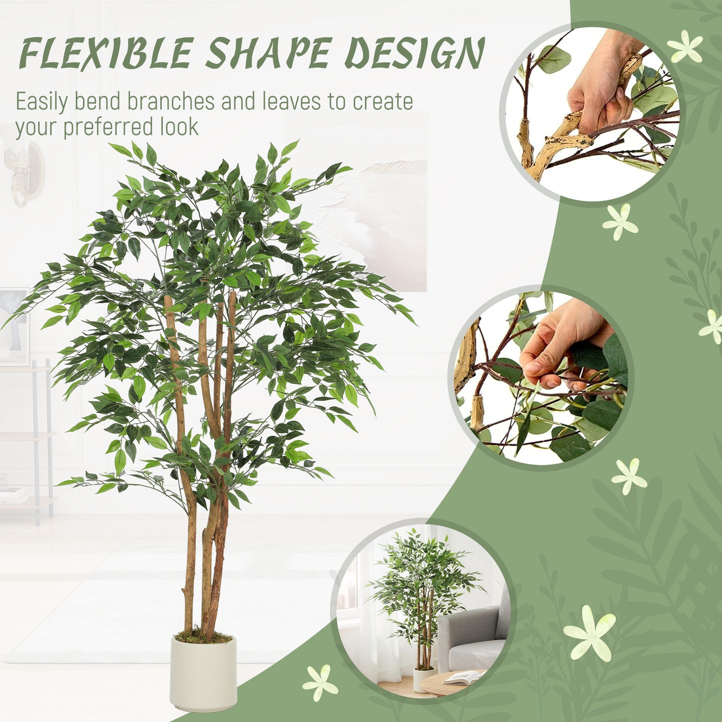HOMCOM 150cm Artificial Ficus Tree, Fake Potted Tree with Solid Wood Trunk and Pot for Indoor, Green