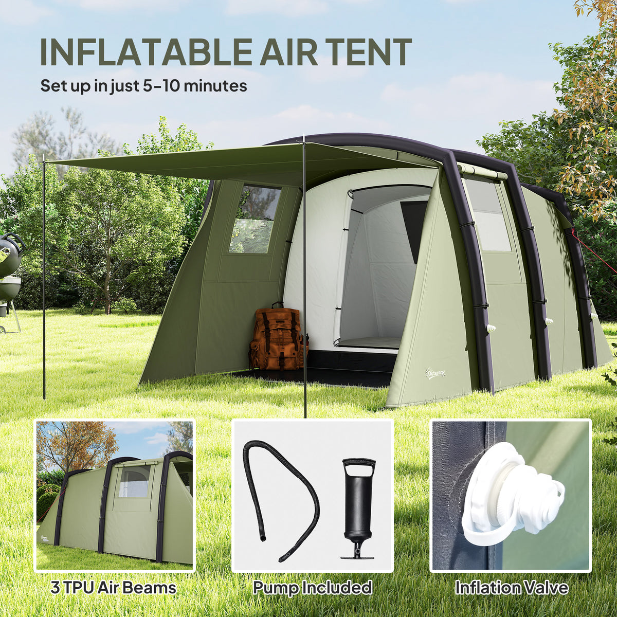 Outsunny Inflatable 3 Man Tunnel Tent w/ Air Pump, Living Area & Vestibule, Waterproof Family Camping Air Tent, Groundsheet, Removable Footprint for Hiking, 440L x 280W x 195Hcm, Olive Green