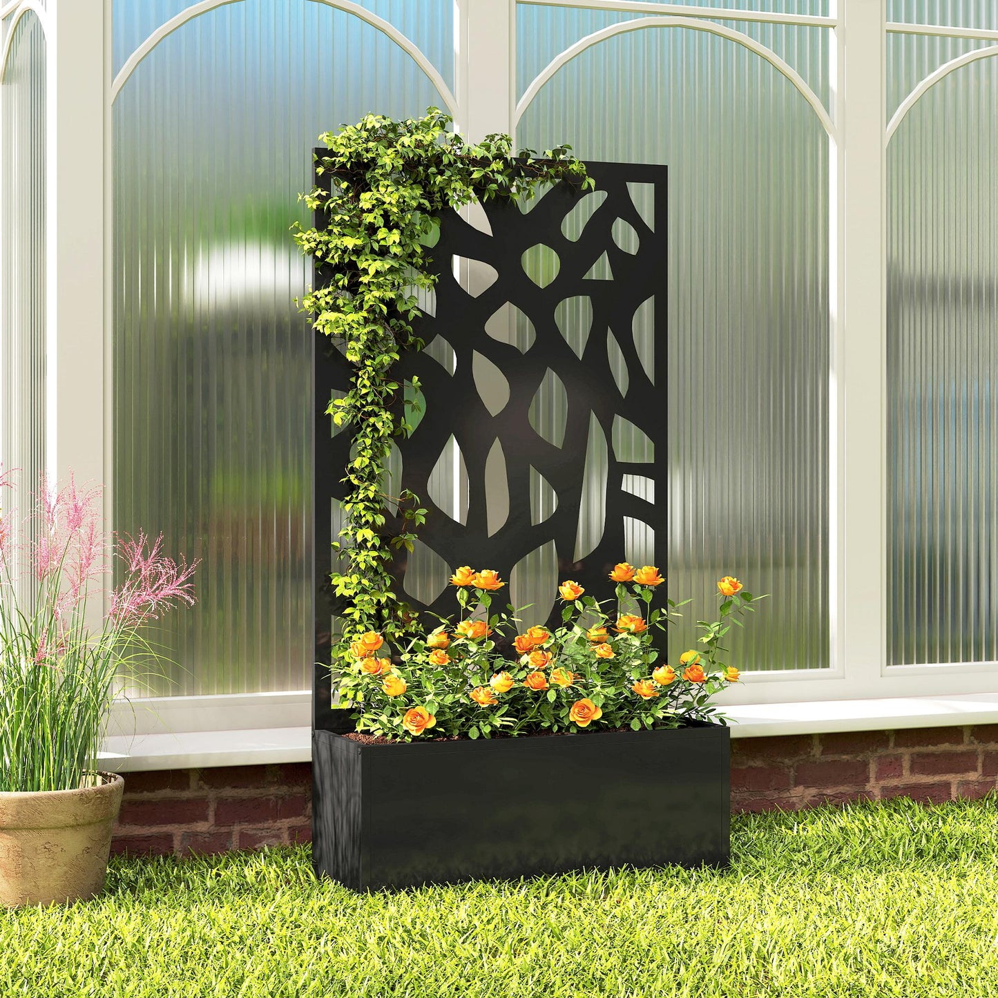 Outsunny Metal Raised Garden Bed with Trellis, Outdoor Planter Box with Privacy Screen, Elevated Garden Box for Climbing Plants