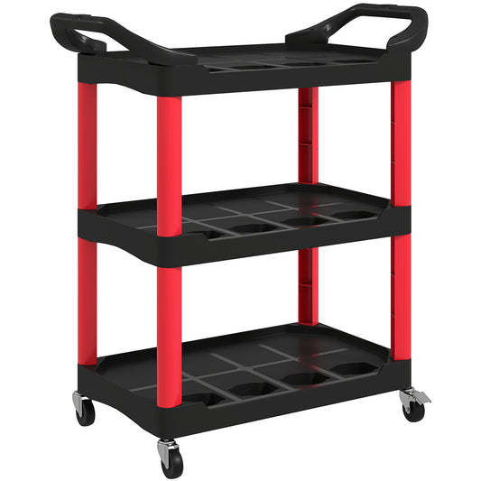 Photo of HOMCOM 3-Tier Rolling Tool Cart, Tool Trolley on Wheels, Plastic Mobile Service Utility Cart with Handles for Garage, Mechanics and Warehouse, 91kg Capacity, Black and Red in Red colour on a white background