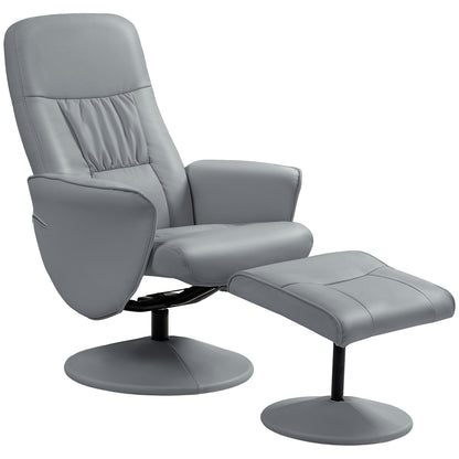 Light gray swivel recliner chair with padded ottoman and round bases