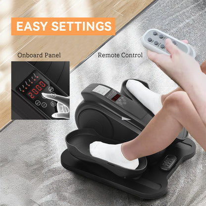 Under-desk elliptical exerciser in use with remote control and onboard panel